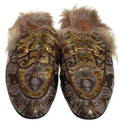 Pre Owned Gucci Brown Jacquard And Fur Princetown Mules Size 37