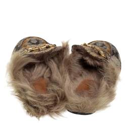 Pre Owned Gucci Brown Jacquard And Fur Princetown Mules Size 37
