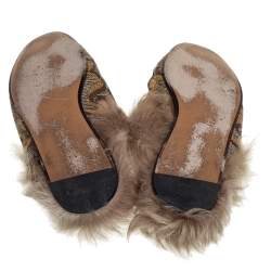 Pre Owned Gucci Brown Jacquard And Fur Princetown Mules Size 37