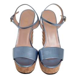 مملوكة مسبقًا صندل غوتشي كلوديا جلد أزرق بحزام للكاحل نعل سميك مقاس 38