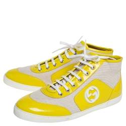 مملوكة مسبقًا Gucci Yellow/White Canvas and Patent Leather High Top Sneakers Size 41
