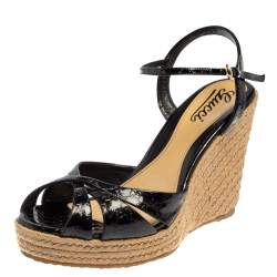 Leather Espadrille Wedge Sandals in Black - Gucci