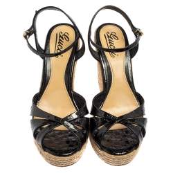 Pre Owned صندل غوتشي كعب روكي جلد لامع أسود مقاس 39.5