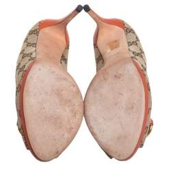 Pre Owned Gucci Beige/Brown GG Canvas Horsebit Peep Toe Pumps Size 38.5