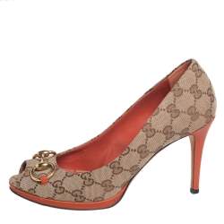 Pre Owned Gucci Beige/Brown GG Canvas Horsebit Peep Toe Pumps Size 38.5