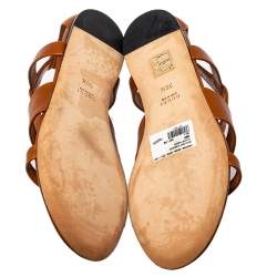 مملوكة مسبقًا Gucci Tan Leather T Strap Flat Sandals Size 36.5