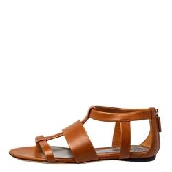 مملوكة مسبقًا Gucci Tan Leather T Strap Flat Sandals Size 36.5