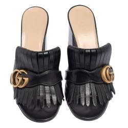 �مملوكة مسبقًا Gucci Black Leather GG Marmont Fringe Detail Open Toe Sandals Size 37