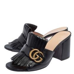 مملوكة مسبقًا Gucci Black Leather GG Marmont Fringe Detail Open Toe Sandals Size 37