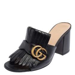 مملوكة مسبقًا Gucci Black Leather GG Marmont Fringe Detail Open Toe Sandals Size 37