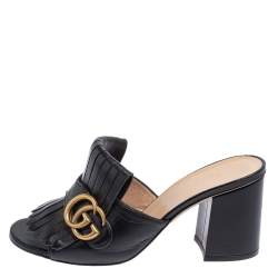 مملوكة مسبقًا Gucci Black Leather GG Marmont Fringe Detail Open Toe Sandals Size 37
