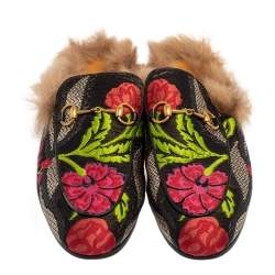 مملوكة مسبقًا حذاء مولز غوتشي برنستاون هورسبيت فرو وقماش مزركش زهور أسود مقاس 38.5