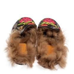 مملوكة مسبقًا حذاء مولز غوتشي برنستاون هورسبيت فرو وقماش مزركش زهور أسود مقاس 38.5