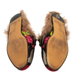 مملوكة مسبقًا حذاء مولز غوتشي برنستاون هورسبيت فرو وقماش مزركش زهور أسود مقاس 38.5