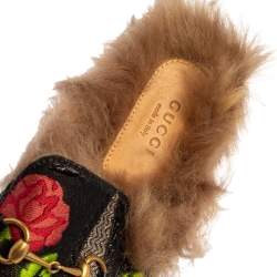 مملوكة مسبقًا حذاء مولز غوتشي برنستاون هورسبيت فرو وقماش مزركش زهور أسود مقاس 38.5