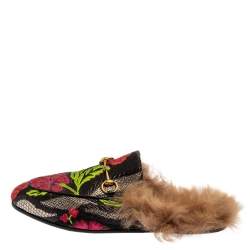 مملوكة مسبقًا حذاء مولز غوتشي برنستاون هورسبيت فرو وقماش مزركش زهور أسود مقاس 38.5