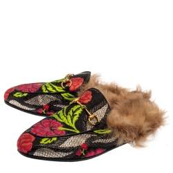 مملوكة مسبقًا حذاء مولز غوتشي برنستاون هورسبيت فرو وقماش مزركش زهور أسود مقاس 38.5