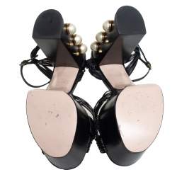 Pre Owned Gucci Black Leather Pearl & Stud Embellished Platform Sandals Size 39.5
