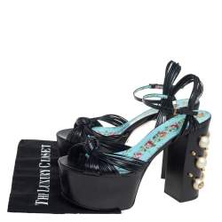 Pre Owned Gucci Black Leather Pearl & Stud Embellished Platform Sandals Size 39.5