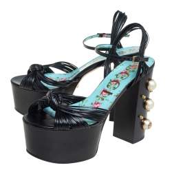 Pre Owned Gucci Black Leather Pearl & Stud Embellished Platform Sandals Size 39.5