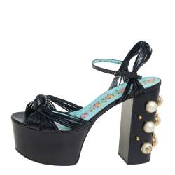 Pre Owned Gucci Black Leather Pearl & Stud Embellished Platform Sandals Size 39.5
