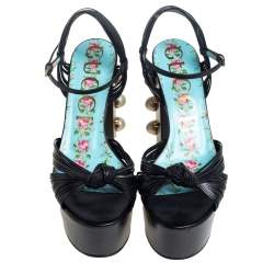 Pre Owned Gucci Black Leather Pearl & Stud Embellished Platform Sandals Size 39.5
