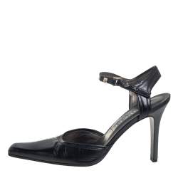 Pre Owned Gucci Black Leather Pointed Toe Ankle Strap Pumps Size 36.5