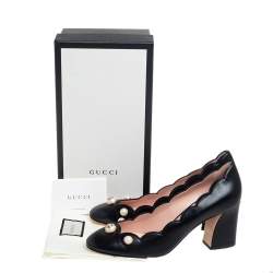 Pre Owned حذاء كعب عالي غوتشي ويلو مزخرف لؤلؤ كعب سميك جلد مموج أسود مق 40