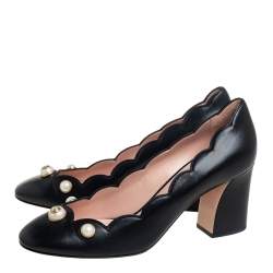 Pre Owned حذاء كعب عالي غوتشي ويلو مزخرف لؤلؤ كعب سميك جلد مموج أسود مق 40