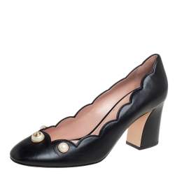 Pre Owned حذاء كعب عالي غوتشي ويلو مزخرف لؤلؤ كعب سميك جلد مموج أسود مق 40