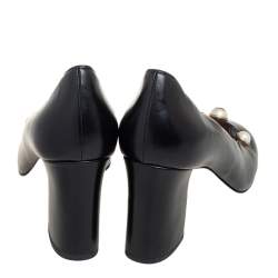 Pre Owned حذاء كعب عالي غوتشي ويلو مزخرف لؤلؤ كعب سميك جلد مموج أسود مق 40