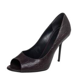 Pre Owned Gucci Brown Guccissima Leather Peep Toe Pumps Size 37.5