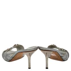 Pre Owned Gucci Silver Guccissima Leather Horsebit Slide Sandals Size 37.5