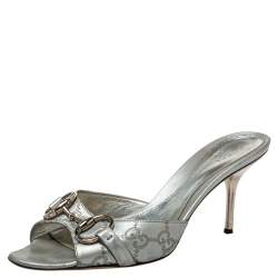 Pre Owned Gucci Silver Guccissima Leather Horsebit Slide Sandals Size 37.5