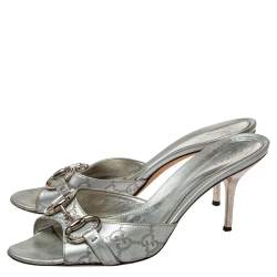 Pre Owned Gucci Silver Guccissima Leather Horsebit Slide Sandals Size 37.5