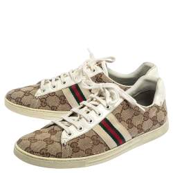 مملوكة مسبقًا حذاء رياضي غوتشي ويب جلد أبيض لامع وكانفاس جي جي بعنق منخفض مقاس 38