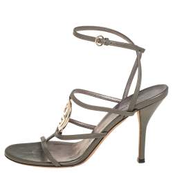 Pre Owned صندل غوتشي جلد رصاصي ميتاليك سيور مزينة شعار الماركة حرف جي متداخل مقاس 38