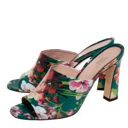 Pre Owned Gucci Multicolor Bloom Print Leather Shanghai Open Mules Size 39