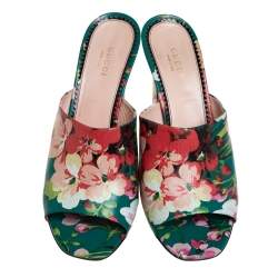 Pre Owned Gucci Multicolor Bloom Print Leather Shanghai Open Mules Size 39