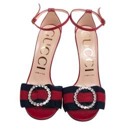 Pre Owned صندل غوتشي شارلوت جلد أحمر بنمط ويب مزين بالكريستال وحزام  كاحل مقاس 37.5