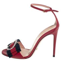 Pre Owned صندل غوتشي شارلوت جلد أحمر بنمط ويب مزين بالكريستال وحزام  كاحل مقاس 37.5