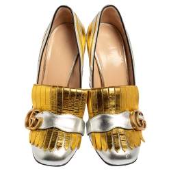 مملوكة مسبقًا Gucci Gold/Silver Leather Marmont Zebra Print Pumps Size 37