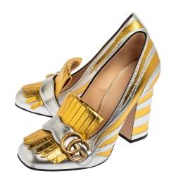 مملوكة مسبقًا Gucci Gold/Silver Leather Marmont Zebra Print Pumps Size 37