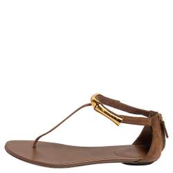 Pre Owned Gucci Brown Suede Thong  Ankle Strap Sandals Size 37