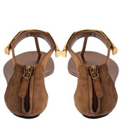 Pre Owned Gucci Brown Suede Thong  Ankle Strap Sandals Size 37