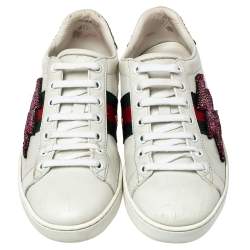 Pre Owned حذاء رياضي غوتشي أيس مزين بشرارة كريستال مزخرف وجلد أبيض مقاس 36