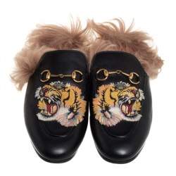 Pre Owned Gucci Black Leather, Fur Princetown Sandals Size 40