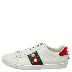 مملوكة مسبقًا Gucci  White Leathers Pearl Detail Web Ace Low Top Sneakers Size 38