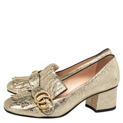 مملوكة مسبقًا حذاء كعب عالي غوتشي كعب عريض مارمونت جي جي جلد فويل ذهبي ميتالك مقاس 37