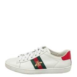 Pre Owned  حذاء  رياضي غوتشي جلد أبيض وكانفاس مزين ويب نحلة مقاس 37.5